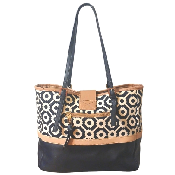 Spartina 449 Black and White Leather and Linen Shoulder Bag Tote - Picture 1 of 15